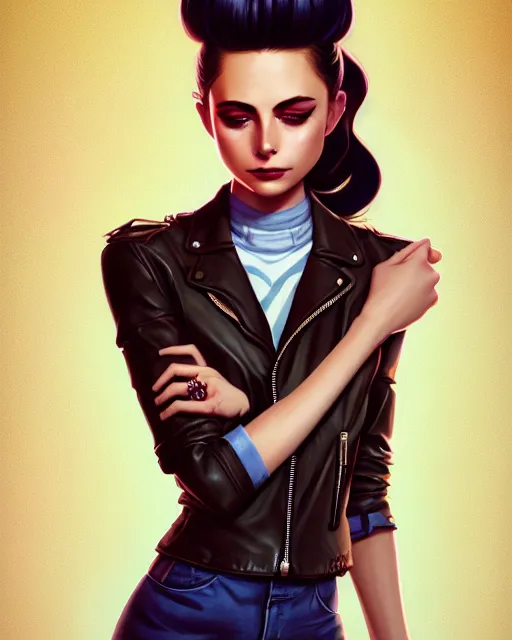 Image similar to a portrait of a beautiful willa holland pompadour long hair leather jacket, art by lois van baarle and loish and ross tran and rossdraws and sam yang and samdoesarts and artgerm, digital art, highly detailed, intricate, sharp focus, trending on artstation hq, deviantart, unreal engine 5, 4 k uhd image