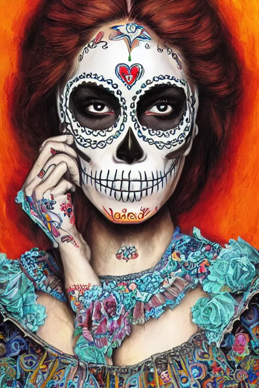 Image similar to illustration of a sugar skull day of the dead girl, art by james gurney