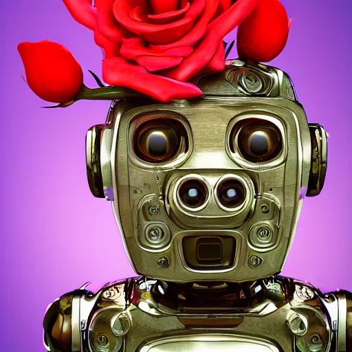 Prompt: a portrait of expressive robot, small, young, cute, large expressive eyes, biped, holding a rose, highly detailed, digital photo, hdri, by christopher bretz and john carpenter, vivid colors, high contrast, 8 k resolution, intricate, photorealistic, smooth, psychedelic color scheme, concept art, award winning, cg society contest winner