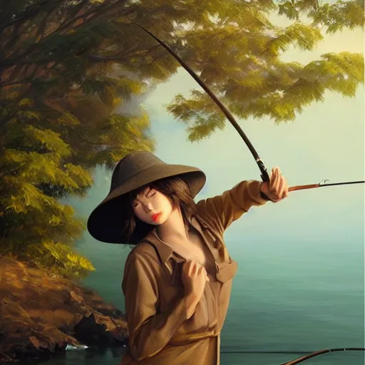 Image similar to oil painting by ilya kuvshinov,, chad knight, artgerm craig mullins, coby whitmore, of a youthful japanese girl, long hair, fishing and wearing fisherman's outfit, fisherman's hat, highly detailed, breathtaking face, studio photography, noon, intense bounced light, water reflection, large tree casting shadow, serine intense sunlight