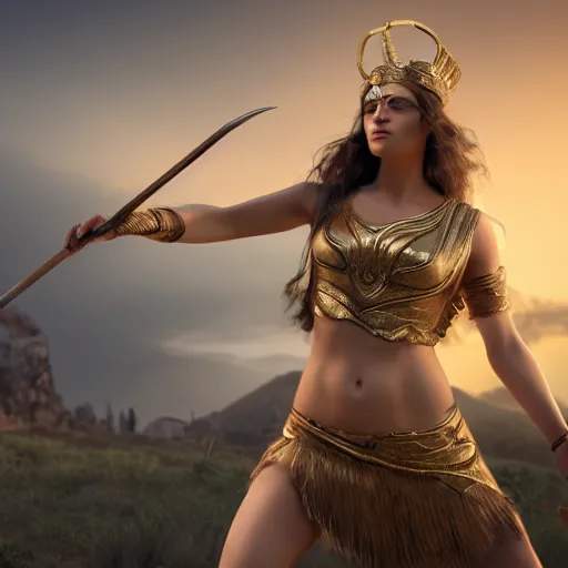 Prompt: Greek goddess Athena fighting with stupidity, realistic person, spear in the right hand, long hair, natural look, hyper realistic, highly detailed, 4k, battle landscape