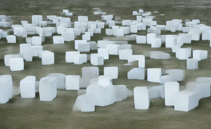 Prompt: color image, five identical large white concrete blocks, infinite empty grassy plain