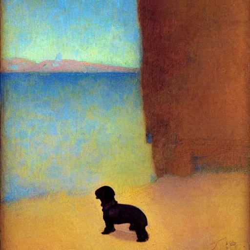 Image similar to a woman and her chiweenie looking out to sea by odilon redon