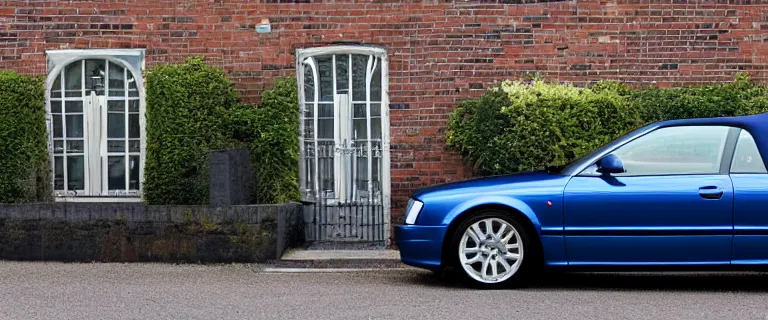 Image similar to Denim Blue Audi A4 B6 Avant Convertible (2002), soft top roof raised, red interior, created by Barclay Shaw