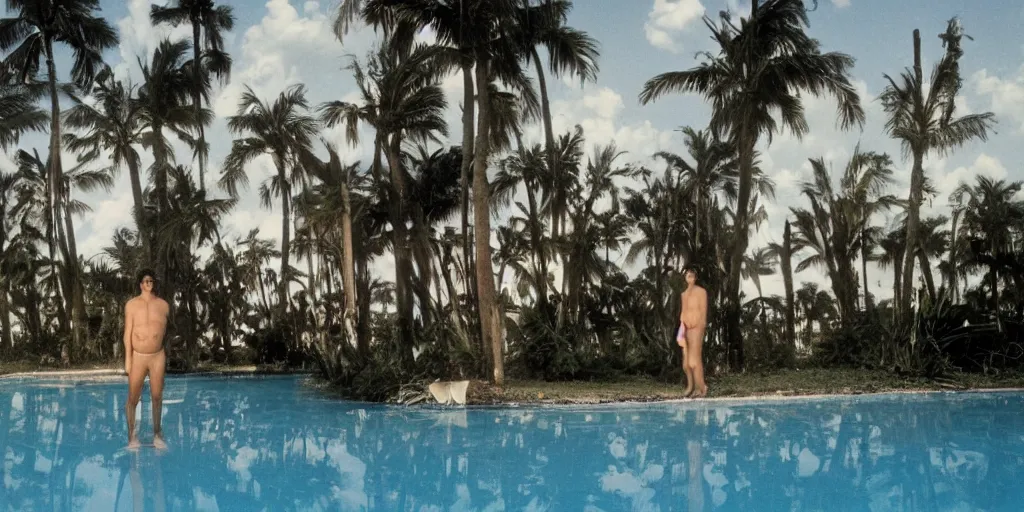 Image similar to wide shot of John Turturro standing in a surreal defunct florida keys abandoned resort with palm trees around a pool, a surreal vaporwave liminal space, 1970s thriller, color kodak Kubrick film, anamorphic lenses