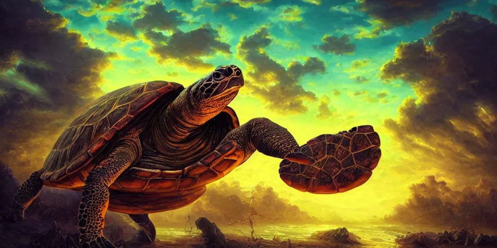 Prompt: humanoid fighting turtle 🐢, [ style ] [ oil painting ] [ palate ] [ vibrant gothic colors ], vibrant neon nebulous clouds, radiant light rays, photorealistic painting, intricate and fine details, volumetric lighting, artstation,