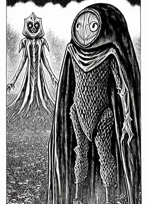 Image similar to the flatwoods monster as a d & d monster, full body, pen - and - ink illustration, etching, by russ nicholson, david a trampier, larry elmore, 1 9 8 1, hq scan, intricate details, inside stylized border