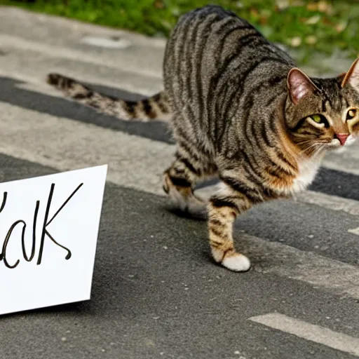 Image similar to a tabby cat holding a sign that says thank you!