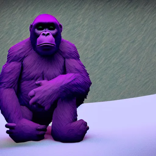 Image similar to a purple gorila in snow, low poly scene render