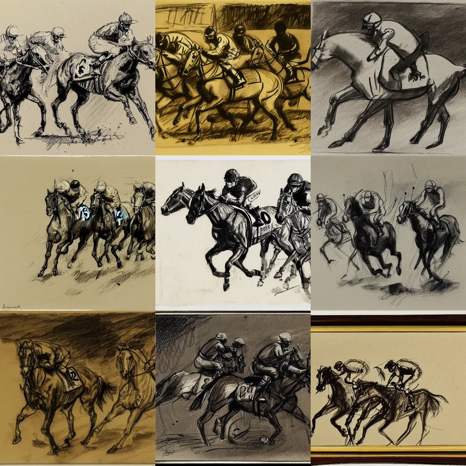 Prompt: horse racing sketch, ink on paper, by Rembrandt