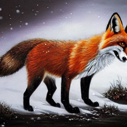 Image similar to a fantasy artwork of a red fox in the snow during a blizzard