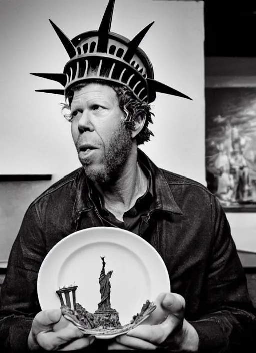 Image similar to Tom Waits eating a miniature Statue of Liberty on a plate in a restaurant, color photograph portrait 4k