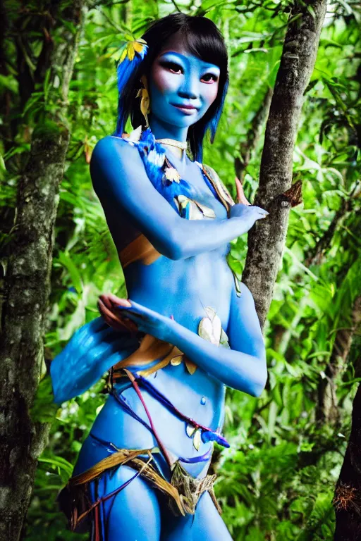 Prompt: a Vietnamese woman dressed as a blue-skinned female navi from avatar standing in a forest, blue body paint, high resolution film still, 8k, HDR colors, cosplay, outdoor lighting, high resolution photograph, photo by bruce weber, beautiful symmetric face