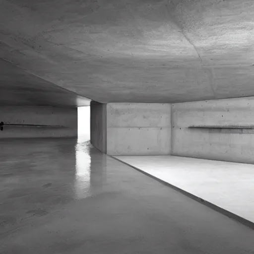 Image similar to underground concrete structure, minimalist architecture, surreal, liminal space, angled walls, high ceiling, flooded,