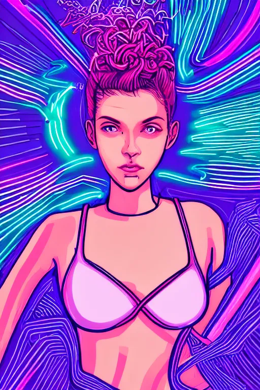 Image similar to a award winning half body portrait of a beautiful woman with stunning eyes in a croptop and cargo pants with ombre purple pink teal hairstyle and hands in pockets by thomas danthony, surrounded by whirling illuminated lines, outrun, vaporware, shaded flat illustration, digital art, trending on artstation, highly detailed, fine detail, intricate