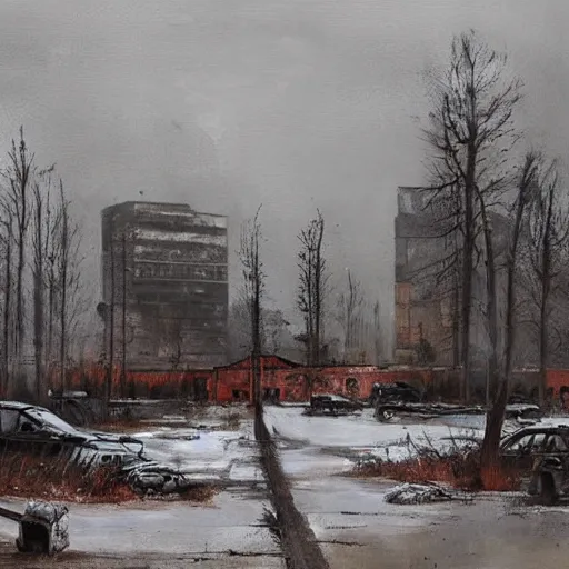 Image similar to painting by jakub rozalski of post abandoned soviet city