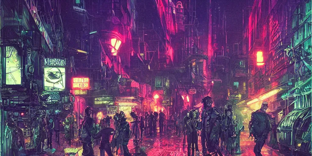 Image similar to futuristic steampunk alley , dark tall people, night, colored neons, mist, video screens, street lights, cinematic, star wars, illustration by moebius and Bill Sienkiewicz