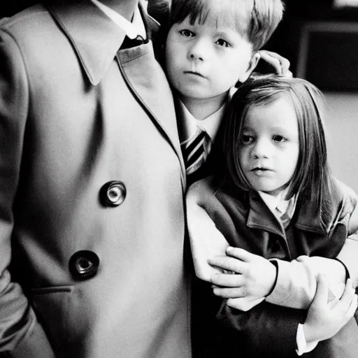 Prompt: “highly detailed photograph of a three kids on each other’s shoulders wearing a trench coat to look like a full size adult lawyer in a courtroom. Vintage 1970’s photography. 35mm.”