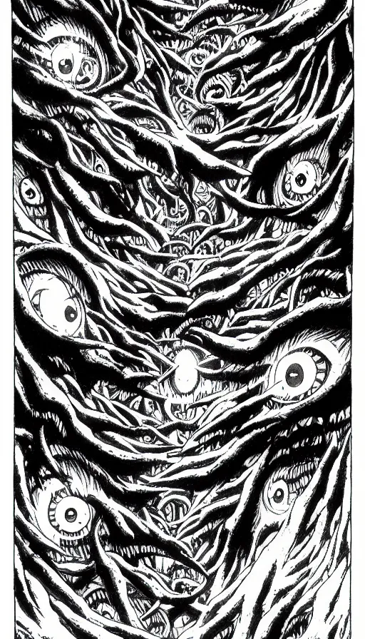 Image similar to a storm vortex made of many demonic eyes and teeth over a forest, by hajime isayama