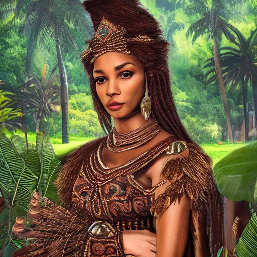 Image similar to a regal brown woman wearing an intricate dewdop armor. very detailed. woman is surrounded by lush green tropical forest. extremely photorealistic.