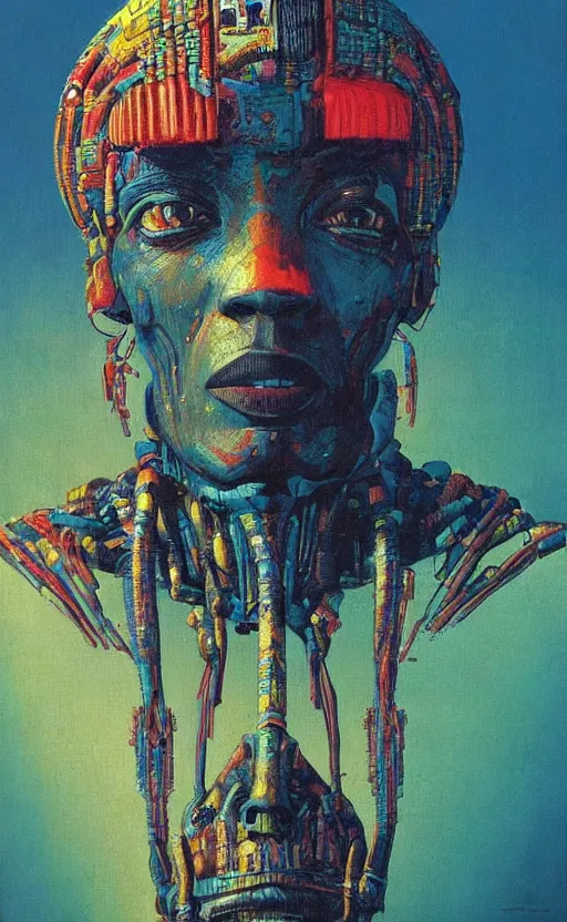 Image similar to portrait of mecha african tribal chief, symmetrical, dramatic lighting, colourful, art by zdzislaw beksinski,