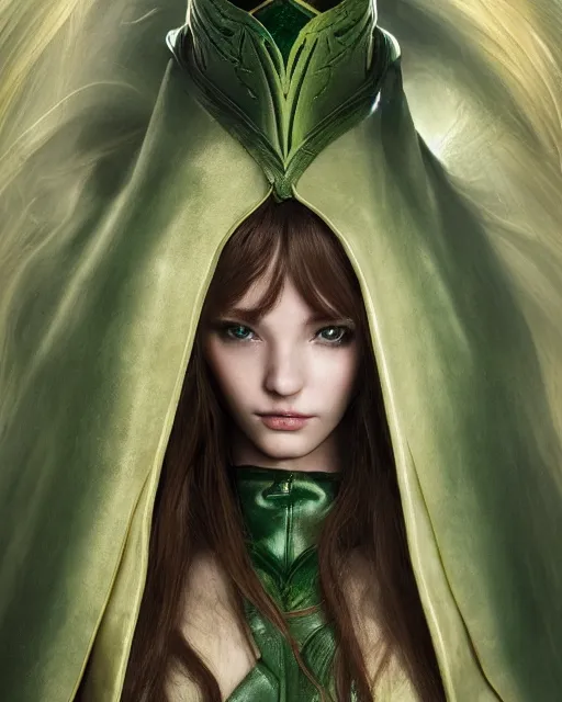 Image similar to a beautiful photo of a young woman, green elf ranger with long flowing hair and a green leather hood, elf ranger leather armor with olive green and brown colors and gold lining, young female face, cinematic top lighting, insanely detailed and intricate, face by wlop, Charlie Bowater, designs by zhelong xu and gustave doré, golden ratio, symmetric, elegant, ornate, luxury, elite, matte painting, cinematic, trending on artstation, deviantart and cgsociety, 8k, high resolution