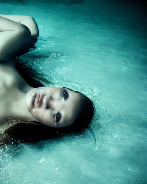 Prompt: a closeup portrait of as beautiful young woman floating under water with a very emotional look, strong single top lighting, moody feel, dramatic