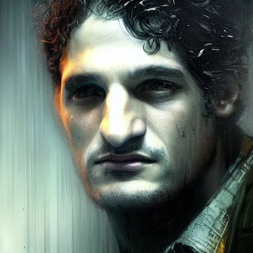 Image similar to louis garrel, hyperrealistic portrait, bladerunner street, art of elysium by jeremy mann and alphonse mucha, fantasy art, photo realistic, dynamic lighting, artstation, poster, volumetric lighting, very detailed face, 4 k, award winning