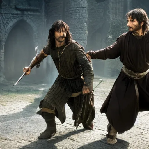 Image similar to rowan atkinson as aragorn fighting an orc, full body shot, action, high - res, 4 k