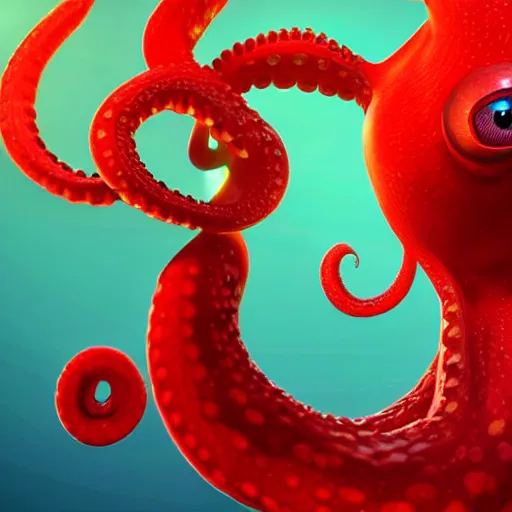 Image similar to portrait of red octopus, sly, cunning, blue background, pixar style animation 3d extremely gloomy lighting, atmospheric, cinematic, detailed illustration unreal Engine, 8K