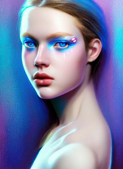 Image similar to portrait of a gorgeous girl, perfect blue eyes, detailed iridescent floral pattern skin, ultra realistic, cinematic lighting, depth of field, artstation, Gottfried Helnwein