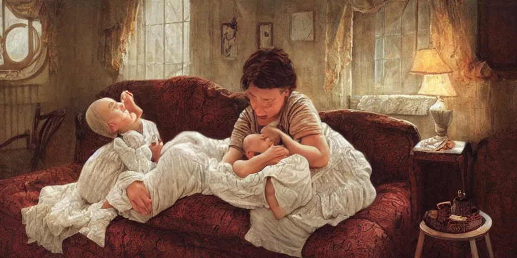 Prompt: a mother sings lullabies to her little cute boy, by Bob Byerley