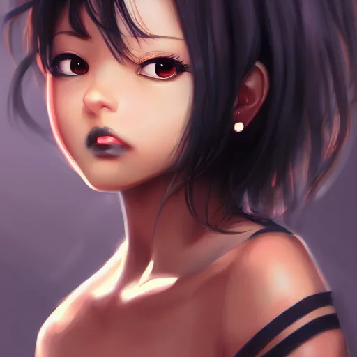 Prompt: beautiful girl, portrait, dark skinned, black hair, cute, digital painting, pixiv, popular illustrations, by enji _ works, masterpiece