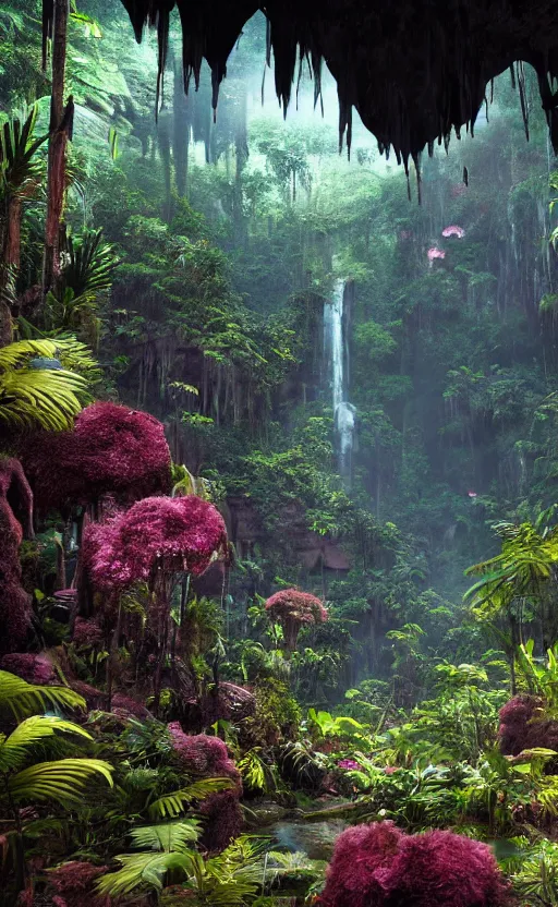 Image similar to a beautiful render of a dark prehistoric rainforest in a humongous cave, lush flora, patches of sky, magenta flowers, sunset, floating mountains and a waterfall in the background, intricate detail, hazy, humid, volumetric lighting, 8 k, photorealistic, raytracing effects, unreal engine 5