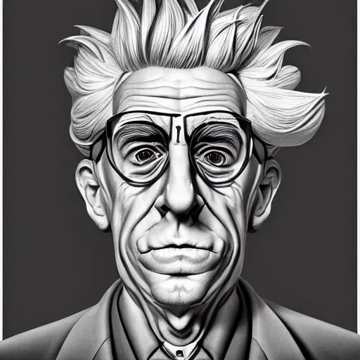 Image similar to 1 9 5 5 rick sanchez portrait by mc escher and james jean and erik jones, inspired by mc escher, fine face features, intricate high details, sharp, ultradetailed, 3 d octane render