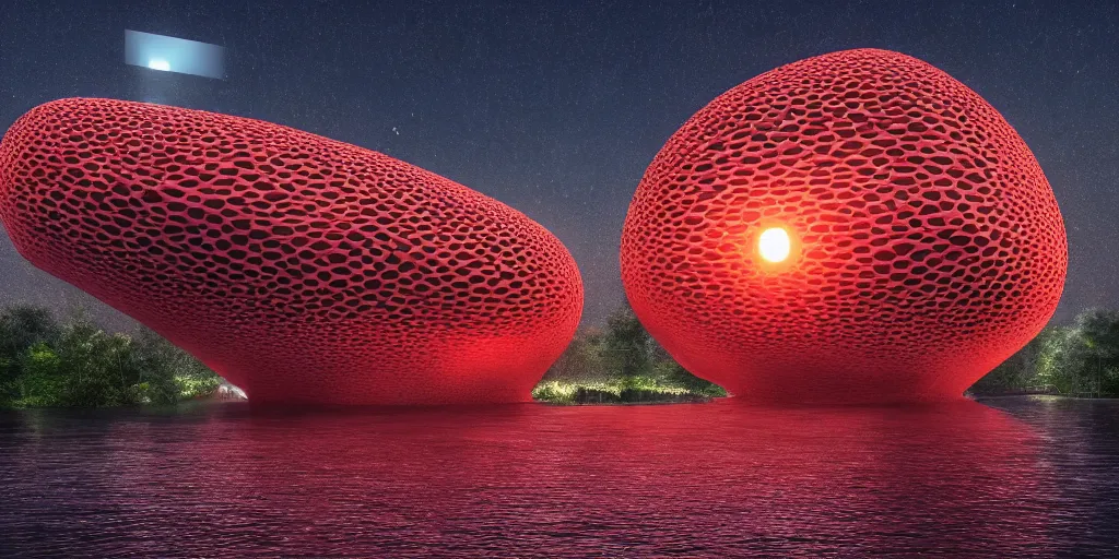 Image similar to An epic architectural rendering of a blob shaped trypophobia house with a mysterious red glow emitting from inside in a modern cityscape next to a river, stunning, gorgeous, golden ratio, photorealistic, featured on artstation, 4k resolution