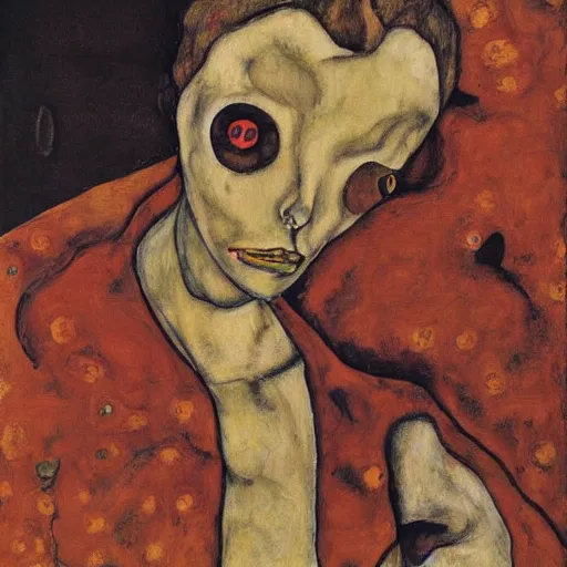 Image similar to an oil painting by egon schiele and Gary baseman