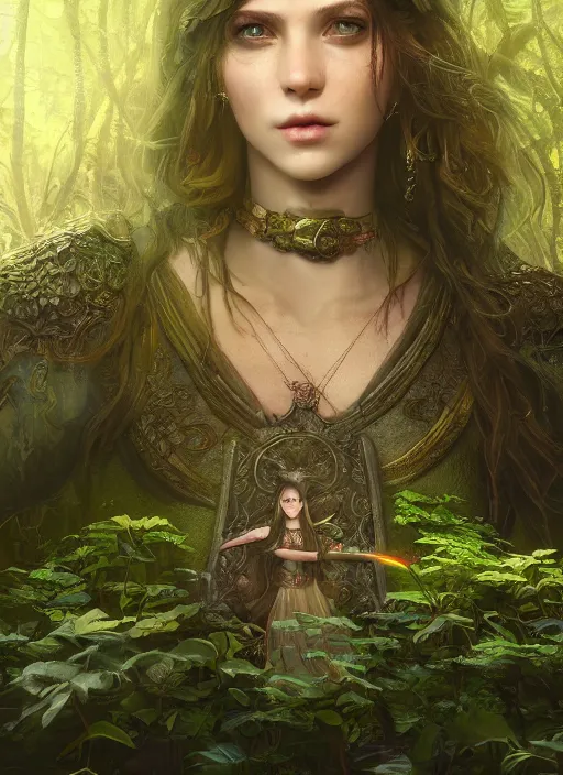 Image similar to Beautiful art portrait of a female fantasy cleric in a mystical fantasy temple surrounded by spring lush forest, atmospheric lighting, intricate detail, cgsociety, hyperrealistic, octane render, RPG portrait, ambient light, dynamic lighting