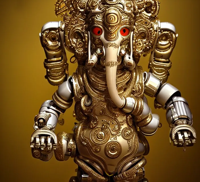 Image similar to beautiful cybernetic baroque robot ganesha, beautiful baroque porcelain face + body is clear plastic, inside organic robotic tubes and parts, symmetric, front facing, wearing translucent baroque rain - jacket + symmetrical composition + intricate details, hyperrealism, wet, reflections + by alfonse mucha and moebius, no blur dof bokeh