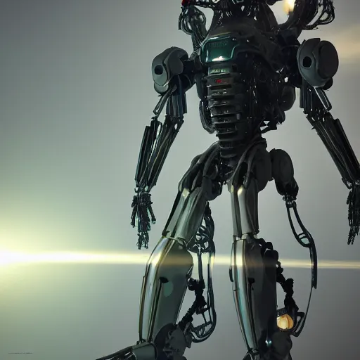 Prompt: biomechanical mecha, rays of light. Style of westworld, cables, lights, searchlight, weta digital, octane render, insane details, ultra realistic, beatifully lit, reflections