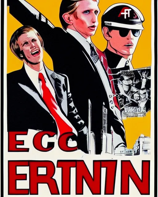 Image similar to 1 9 8 0's movie poster, eric trump is an antifa supersoldier, eric trump, exoskeleton, fan art, dramatic