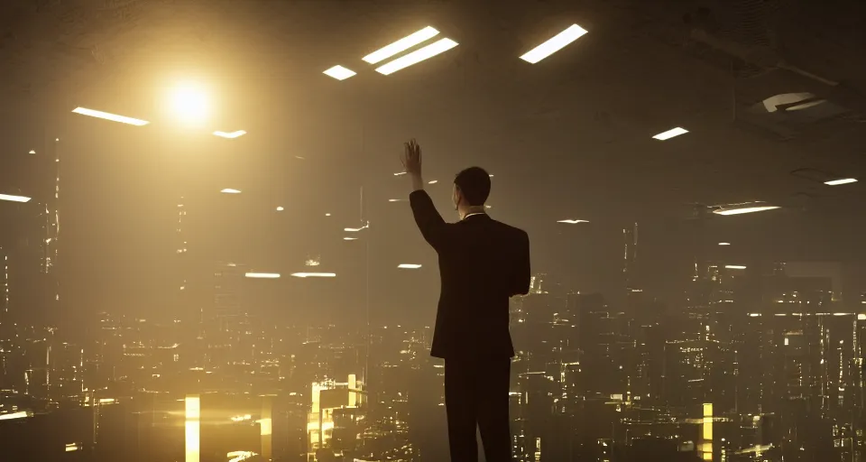 Image similar to Dramatic photo of a CEO waving to silhouettes of his coworkers in a futuristic office. Golden coins are levitating all around them. 8k, high detail, trending on Artstation, volumetric lighting, cyberpunk