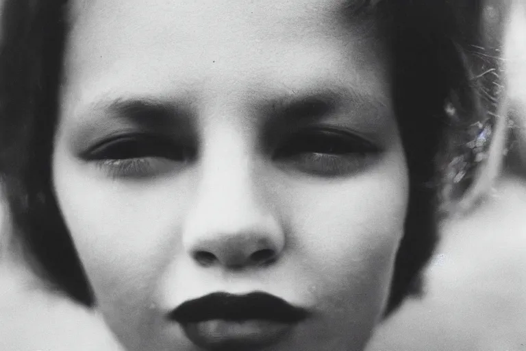 Image similar to 7 0 s street photography, close - up portrait, light shining on model lips, soft light, no focus