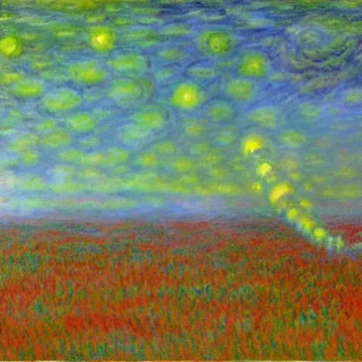 Image similar to painting of an alien invasion apocalypse in the style of Claude Monet