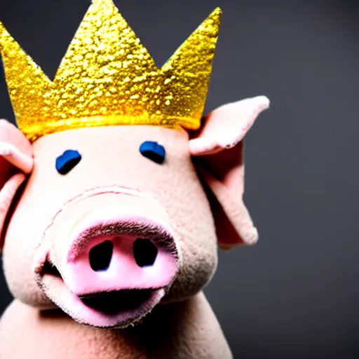 Image similar to studio photograph of a pig wearing a gold crown depicted as a muppet holding sign