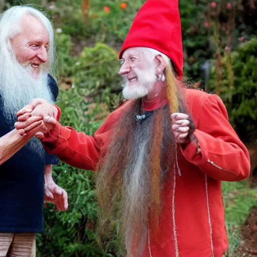 Image similar to daevid allen shaking hands with a real - life gnome