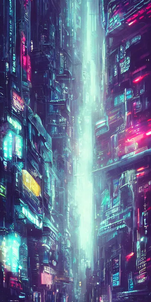 Image similar to hyper realistic cyberpunk cityscape,neon,rain,blade runner, looming surreal sky, stars,moon, 8k,cinematic lighting, detailed oil painting, by tristan eaton,Stanley Artgermm,Tom Bagshaw,Greg Rutkowski,Carne Griffiths,trending on DeviantArt,chillwave,minimalist,cybernetic, android, blade runner,full of colour