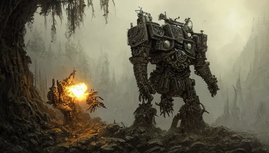 Image similar to military mech covered in armor with elden ring aesthetic, ancient metal, artifact machine, glowing lights, piloted by mysterious creatures, beautiful forests and trees, gothic castles and towers, small people with torches, intricate detail, dystopian, epic wallpaper, art by darek zabrocki and John Park and Feng Zhu and Jason Chan, trending on artstation, masterpiece.