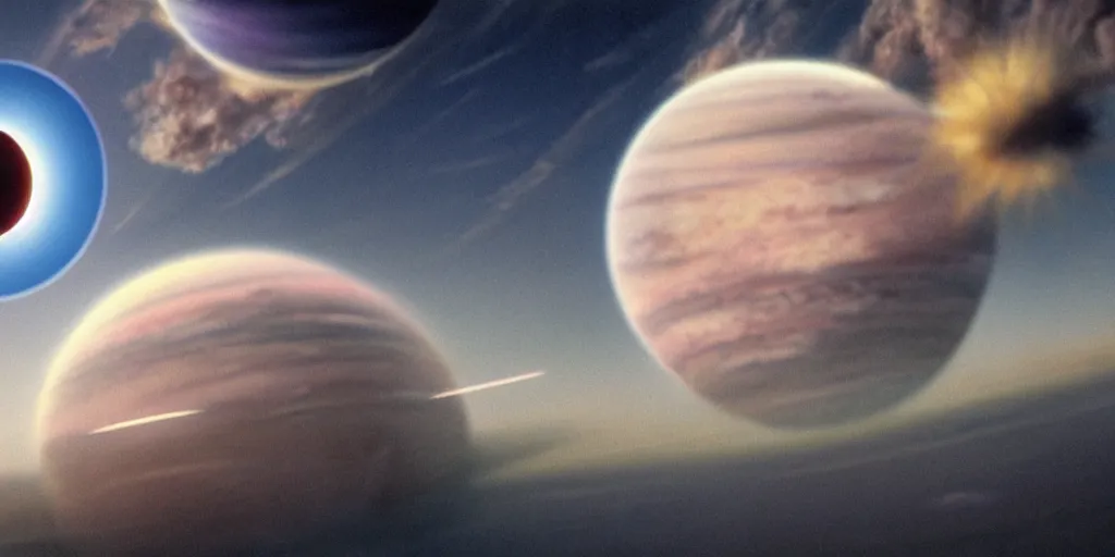 Image similar to blue dreamy cloudscape with a single planet in the clouds, ringed planet, daylight, cinematic lighting, cinematic perspective, syd mead, john harris, federico pelat,