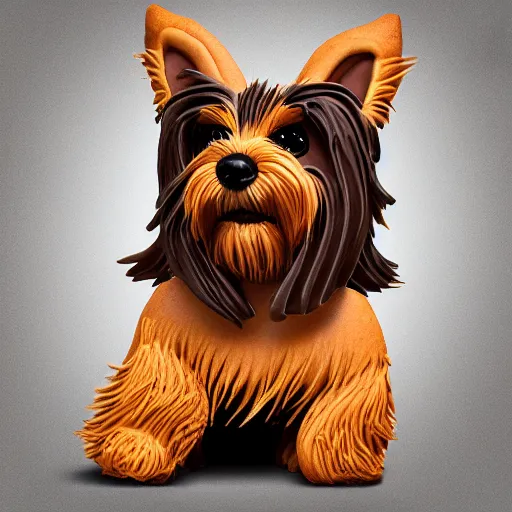 Image similar to a cute yorkshire terrier made entirely out of cookies, sitting on a bakery countertop, detailed, trending on artstation